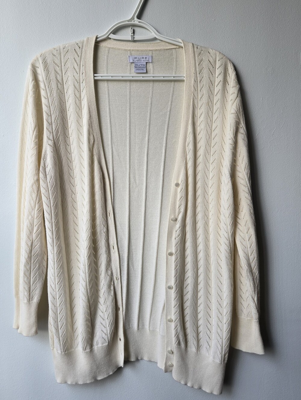 Pure By Alfred Sung XL Cardi Soft Cream Pointelle VNeck Tortoise Button Classic*